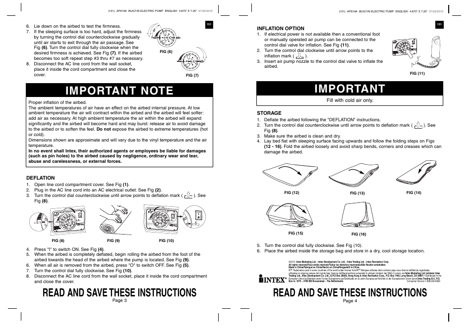 Read and save these instructions, Important, Intex | Intex i | Intex QUEEN ULTRA PLUSH BED 2011 User Manual | Page 2 / 2