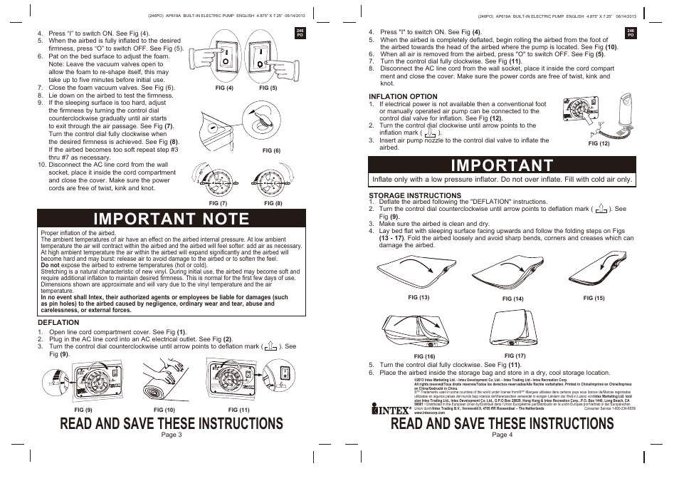 Read and save these instructions, Important, Intex | Intex QUEEN FOAM TOP AIRBED WITH BIP 2014 User Manual | Page 2 / 2