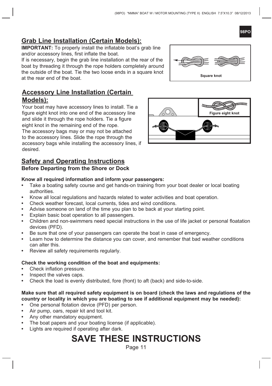 Save these instructions, Accessory line installation (certain models), Safety and operating instructions | Grab line installation (certain models) | Intex SEAHAWK 2 BOAT SET 2014 User Manual | Page 11 / 13