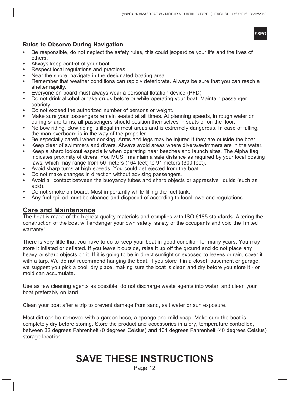 Save these instructions, Care and maintenance | Intex SEAHAWK 2 BOAT SET 2014 User Manual | Page 12 / 13