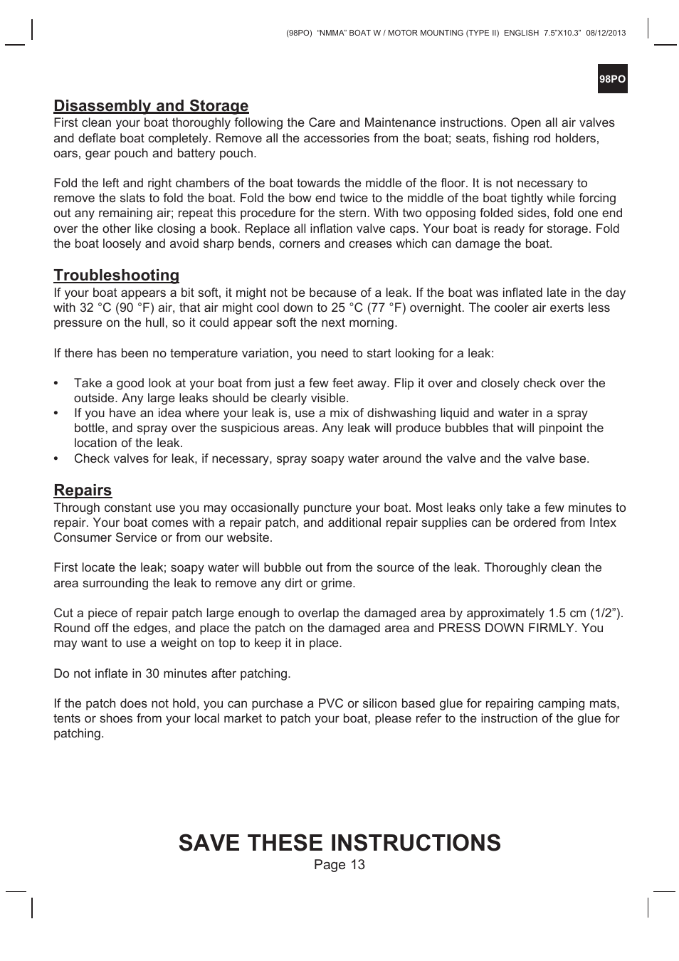 Save these instructions, Disassembly and storage, Troubleshooting | Repairs | Intex SEAHAWK 2 BOAT SET 2014 User Manual | Page 13 / 13
