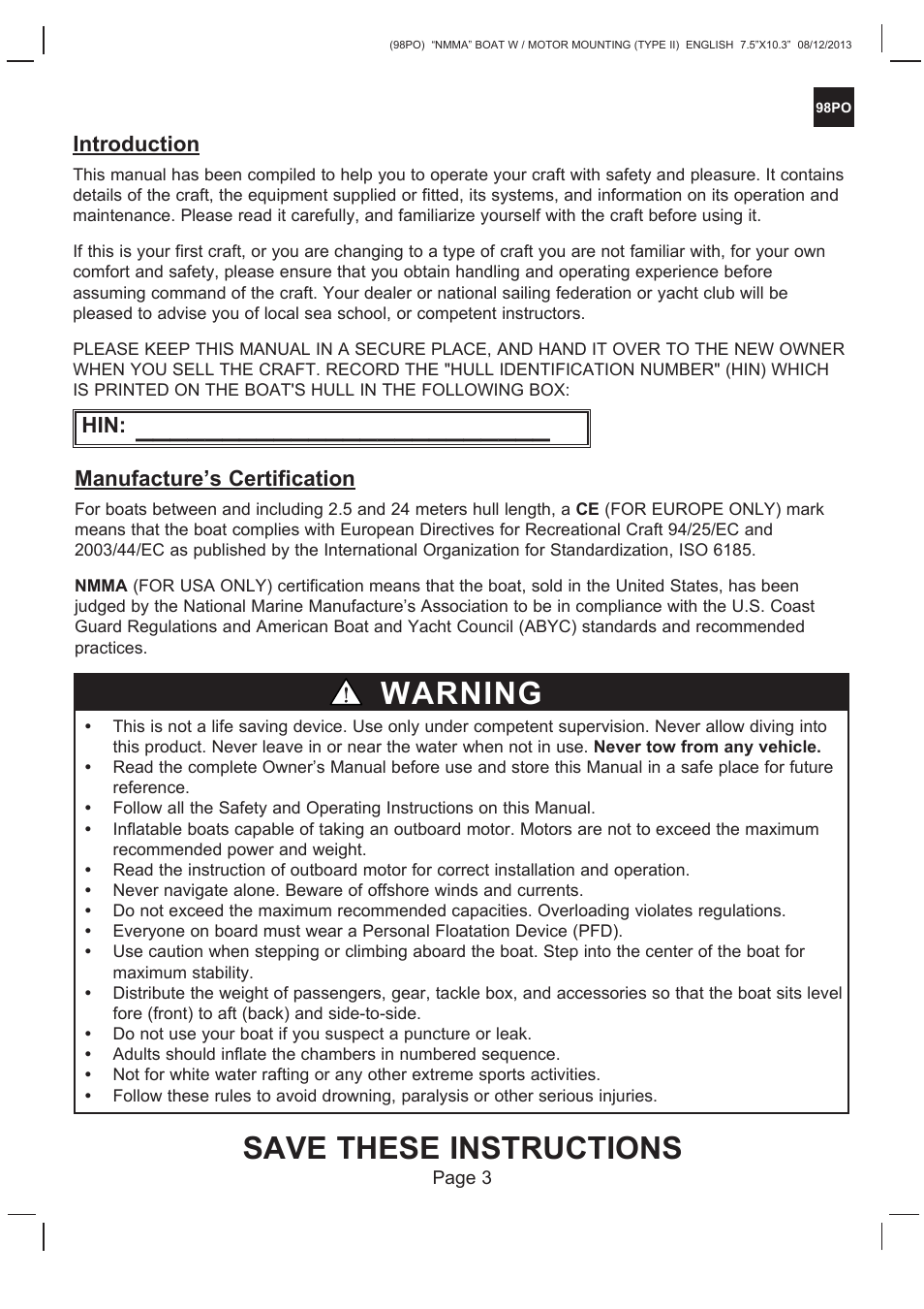 Save these instructions, Warning, Introduction | Manufacture’s certification | Intex SEAHAWK 2 BOAT SET 2014 User Manual | Page 3 / 13