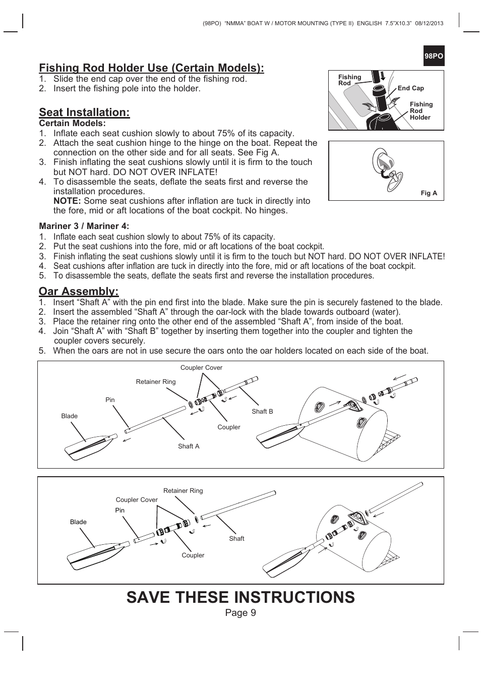 Save these instructions, Fishing rod holder use (certain models), Seat installation | Oar assembly | Intex SEAHAWK 2 BOAT SET 2014 User Manual | Page 9 / 13