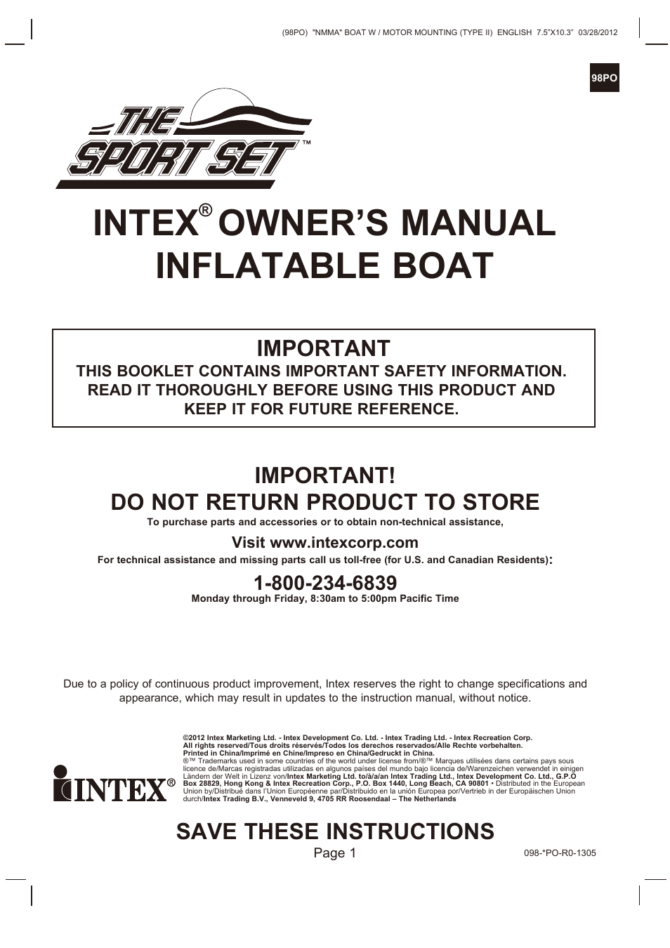 Intex SEAHAWK 2 BOAT SET 2013 User Manual | 13 pages