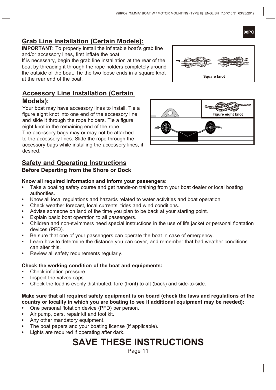 Save these instructions, Accessory line installation (certain models), Safety and operating instructions | Grab line installation (certain models) | Intex SEAHAWK 2 BOAT SET 2013 User Manual | Page 11 / 13