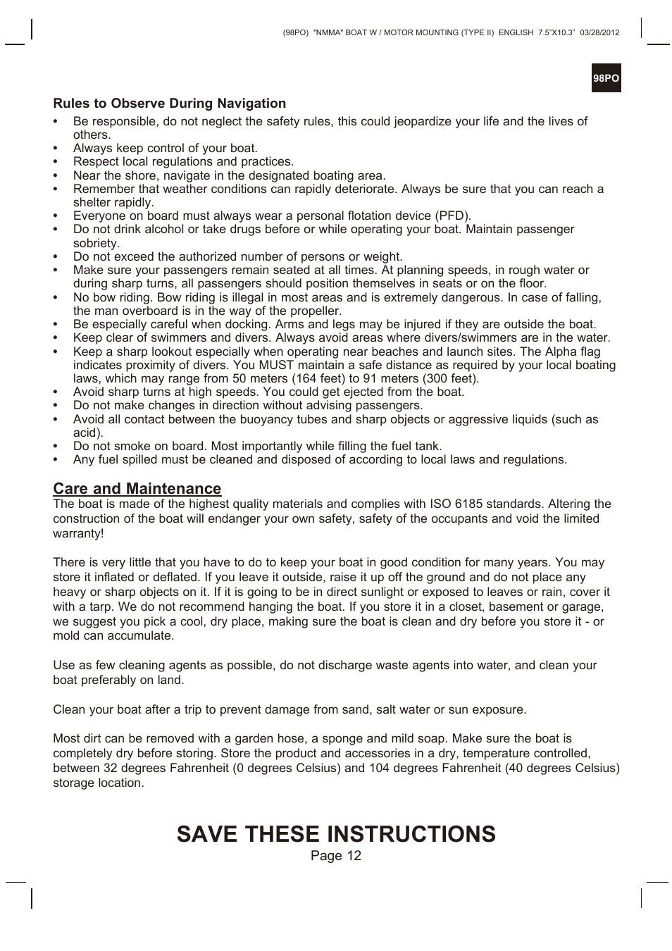 Save these instructions, Care and maintenance | Intex SEAHAWK 2 BOAT SET 2013 User Manual | Page 12 / 13