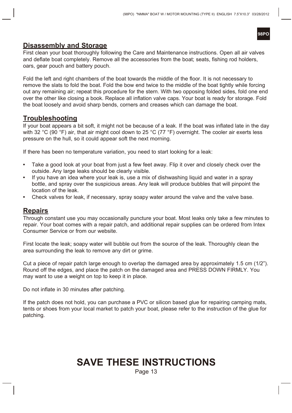 Save these instructions, Disassembly and storage, Troubleshooting | Repairs | Intex SEAHAWK 2 BOAT SET 2013 User Manual | Page 13 / 13