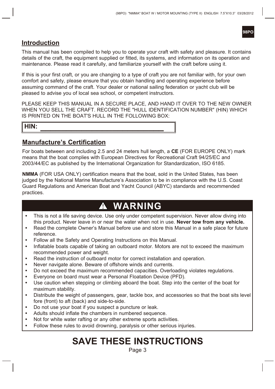 Save these instructions, Warning, Introduction | Manufacture’s certification | Intex SEAHAWK 2 BOAT SET 2013 User Manual | Page 3 / 13