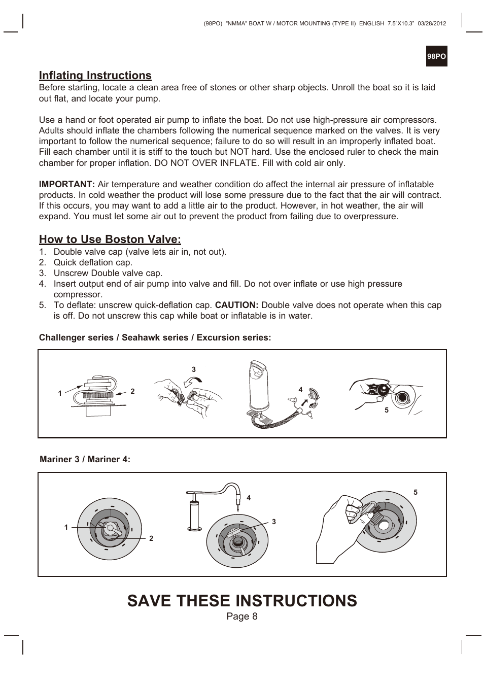 Save these instructions, Inflating instructions, How to use boston valve | Intex SEAHAWK 2 BOAT SET 2013 User Manual | Page 8 / 13