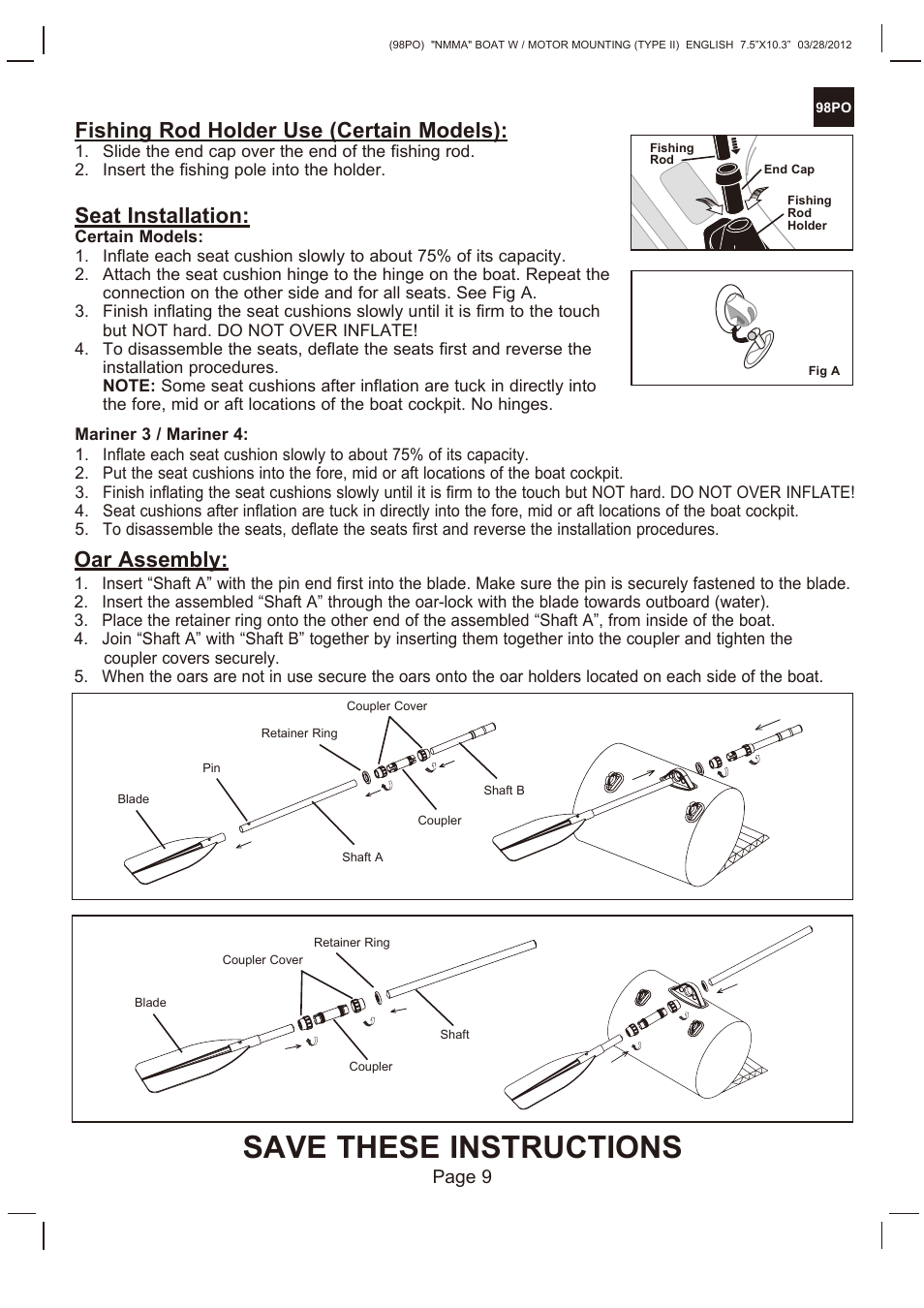 Save these instructions, Fishing rod holder use (certain models), Seat installation | Oar assembly | Intex SEAHAWK 2 BOAT SET 2013 User Manual | Page 9 / 13