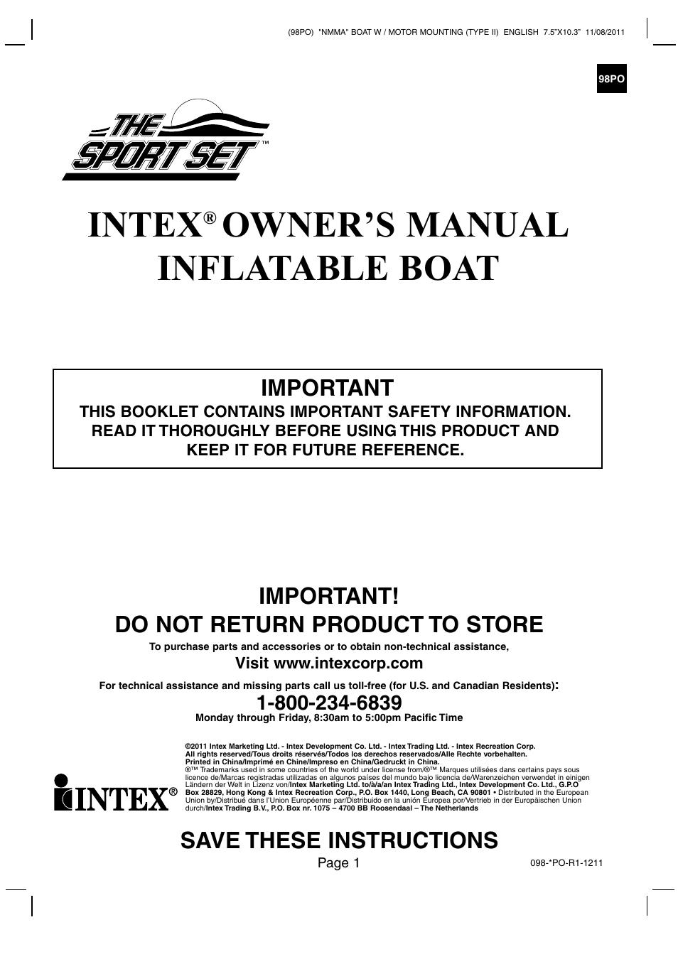 Intex MARINER 4 BOAT SET 2012 User Manual | 14 pages