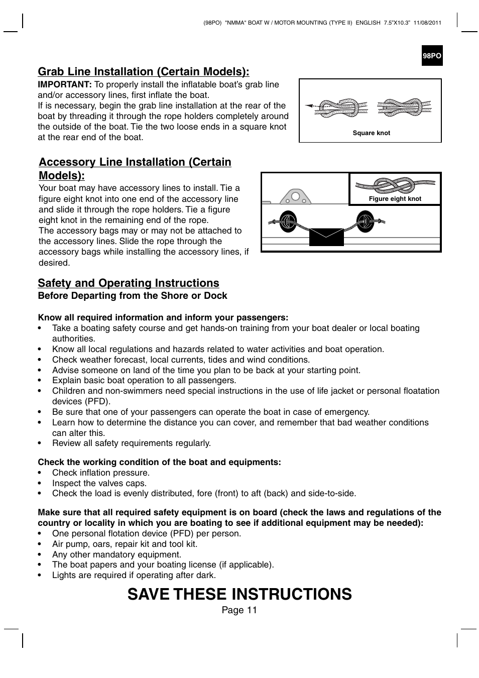 Save these instructions, Accessory line installation (certain models), Safety and operating instructions | Grab line installation (certain models) | Intex MARINER 4 BOAT SET 2012 User Manual | Page 11 / 14