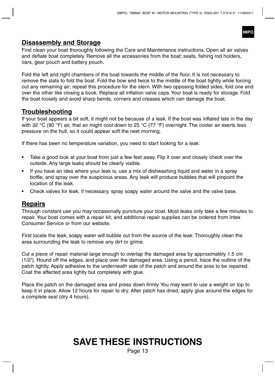 Save these instructions, Disassembly and storage, Troubleshooting | Repairs | Intex MARINER 4 BOAT SET 2012 User Manual | Page 13 / 14