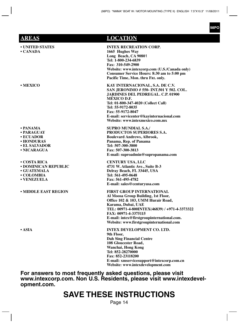 Save these instructions, Areas location | Intex MARINER 4 BOAT SET 2012 User Manual | Page 14 / 14