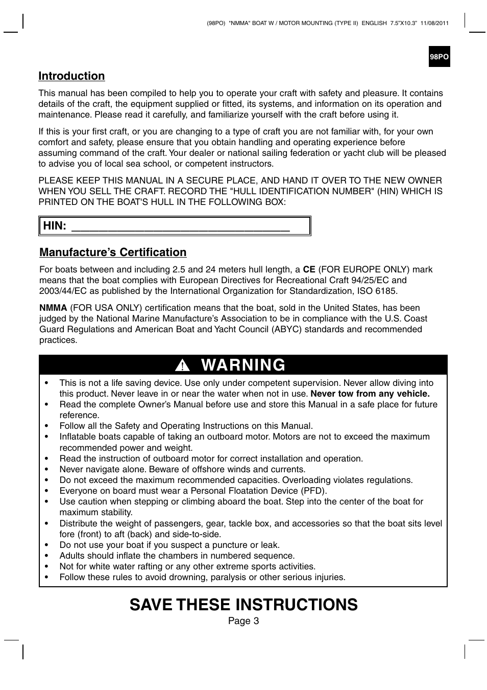 Save these instructions, Warning, Introduction | Manufacture’s certification | Intex MARINER 4 BOAT SET 2012 User Manual | Page 3 / 14