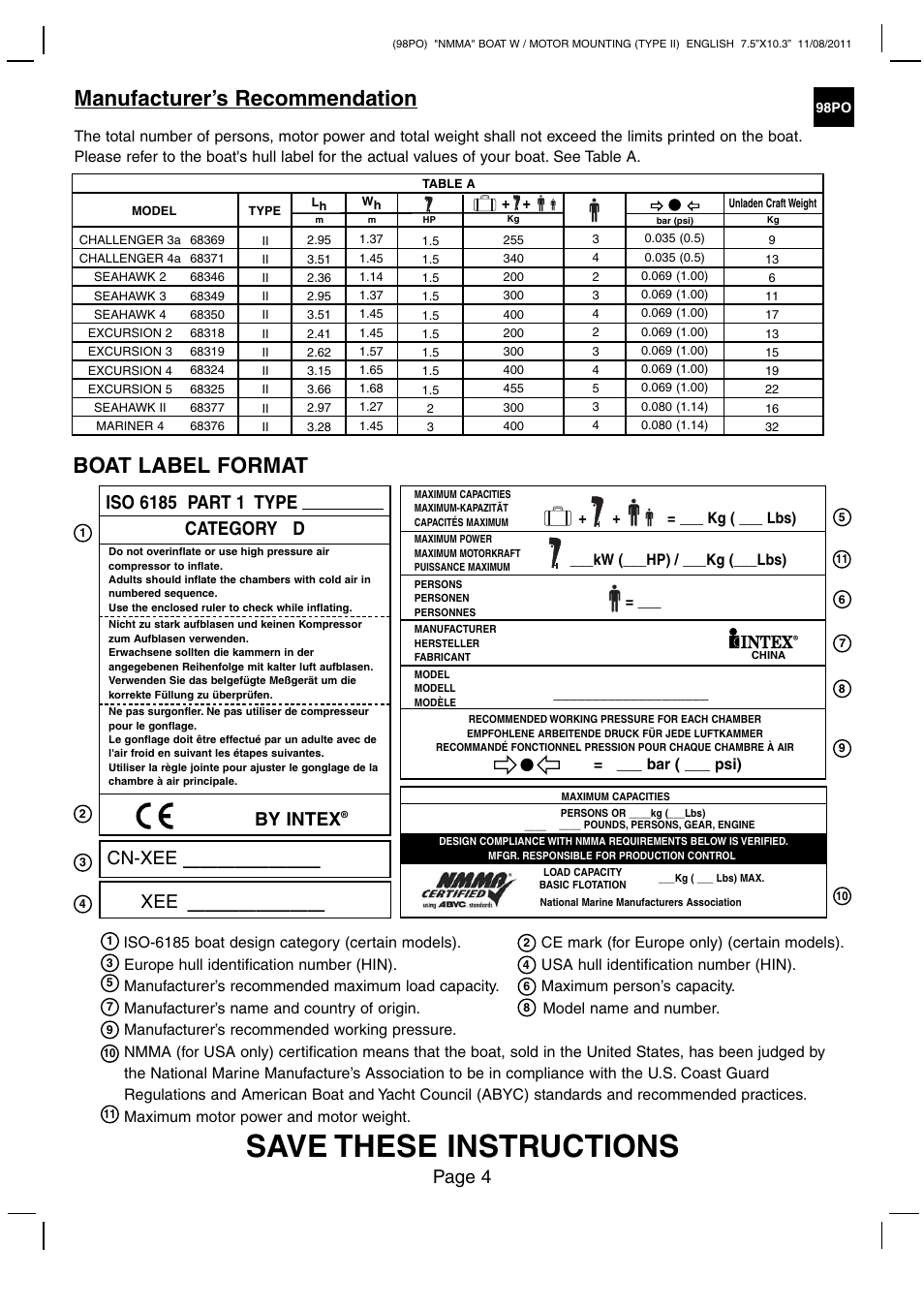 Save these instructions, Manufacturer’s recommendation, Boat label format | Page 4, Cn-xee, By intex | Intex MARINER 4 BOAT SET 2012 User Manual | Page 4 / 14