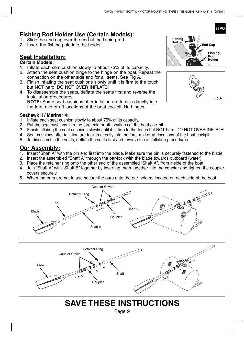 Save these instructions, Fishing rod holder use (certain models), Seat installation | Oar assembly, Page 9 | Intex MARINER 4 BOAT SET 2012 User Manual | Page 9 / 14