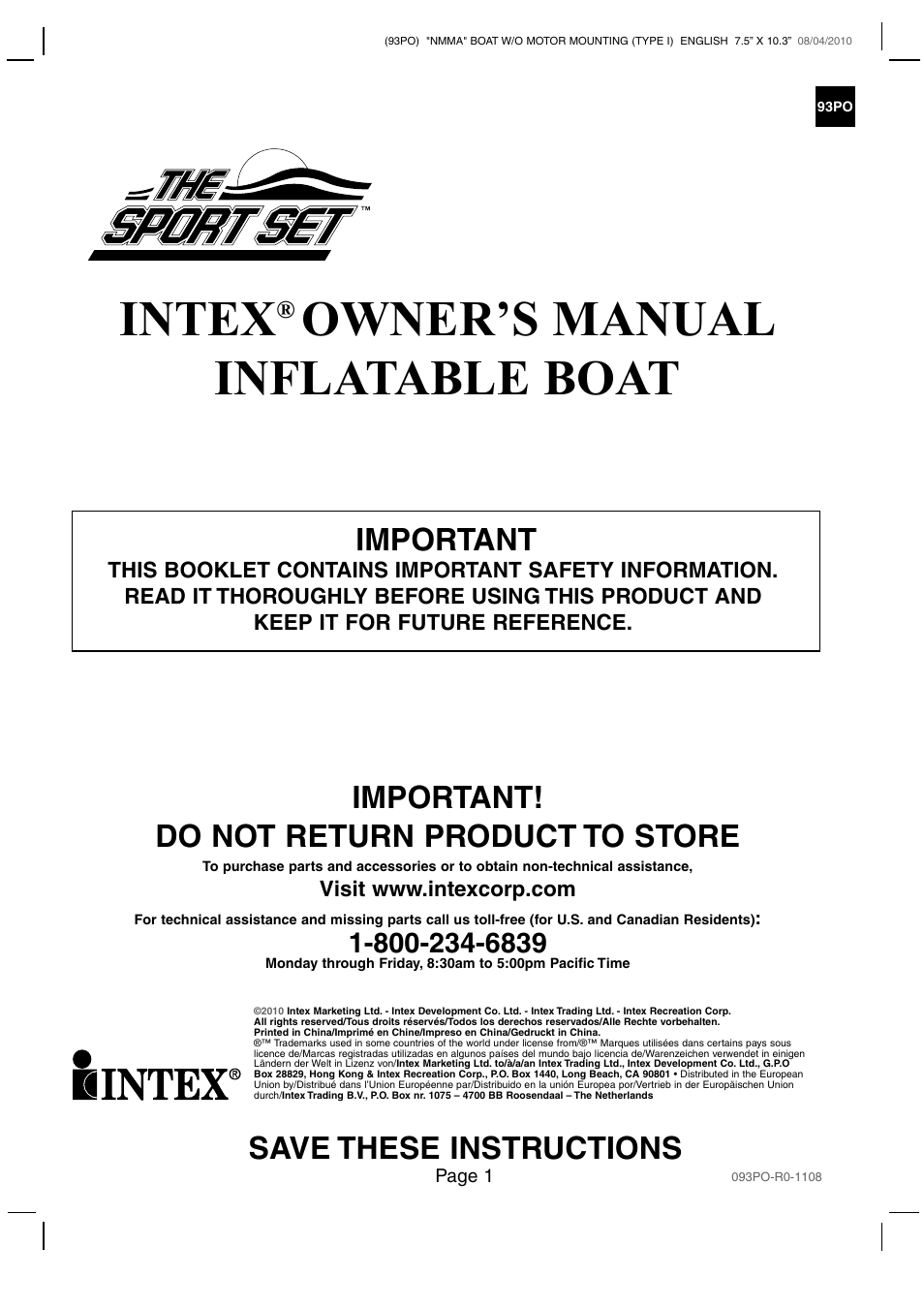 Intex CHALLENGER 2 BOAT SET 2011 User Manual | 11 pages