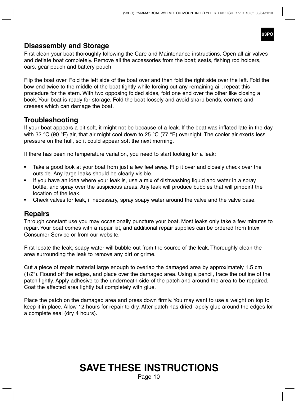 Save these instructions, Disassembly and storage, Troubleshooting | Repairs | Intex CHALLENGER 2 BOAT SET 2011 User Manual | Page 10 / 11