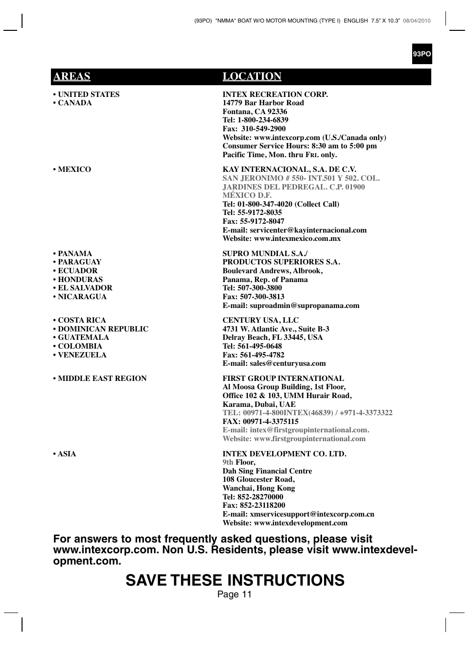 Save these instructions, Areas location | Intex CHALLENGER 2 BOAT SET 2011 User Manual | Page 11 / 11