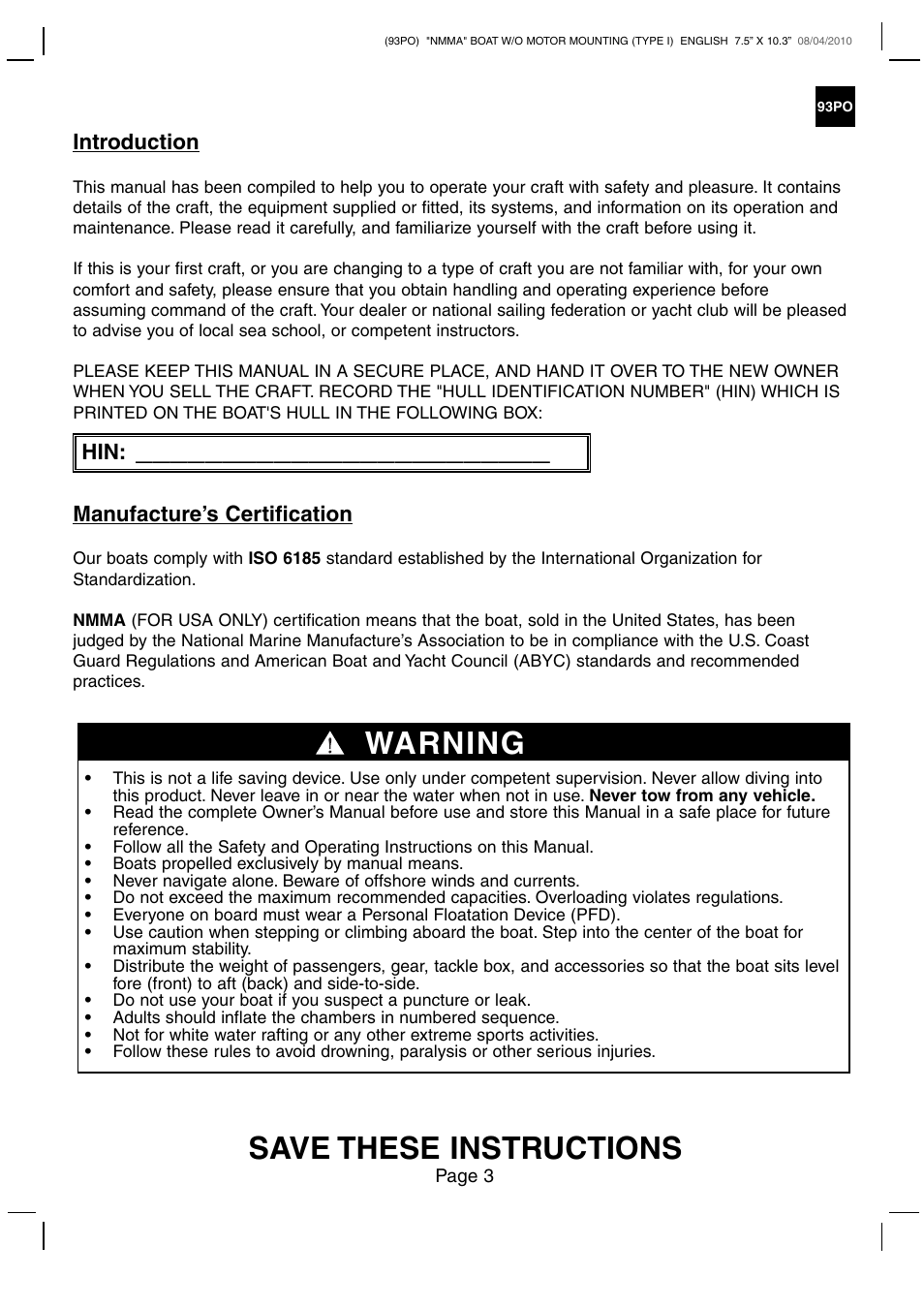 Save these instructions, Warning, Introduction | Manufacture’s certification | Intex CHALLENGER 2 BOAT SET 2011 User Manual | Page 3 / 11