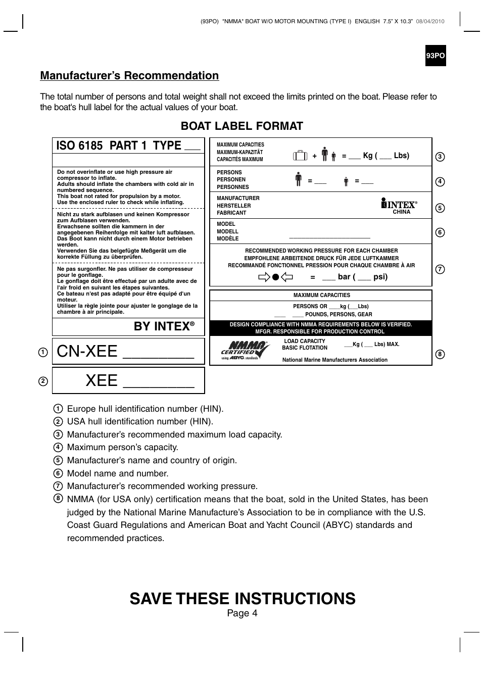 Save these instructions, Cn-xee, By intex | Manufacturer’s recommendation, Boat label format, Page 4 | Intex CHALLENGER 2 BOAT SET 2011 User Manual | Page 4 / 11