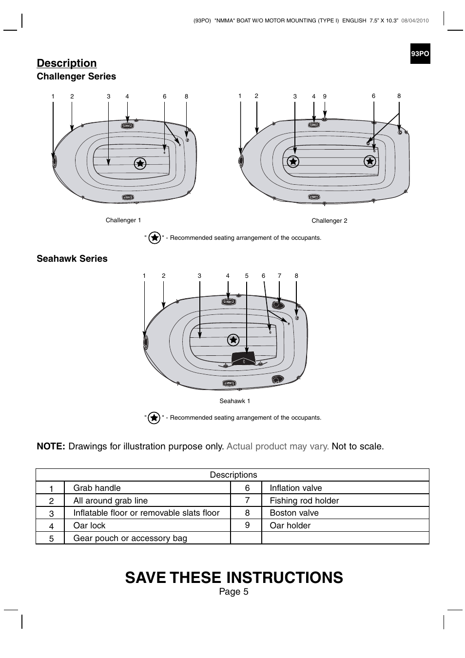 Save these instructions, Description, Challenger series seahawk series | Intex CHALLENGER 2 BOAT SET 2011 User Manual | Page 5 / 11