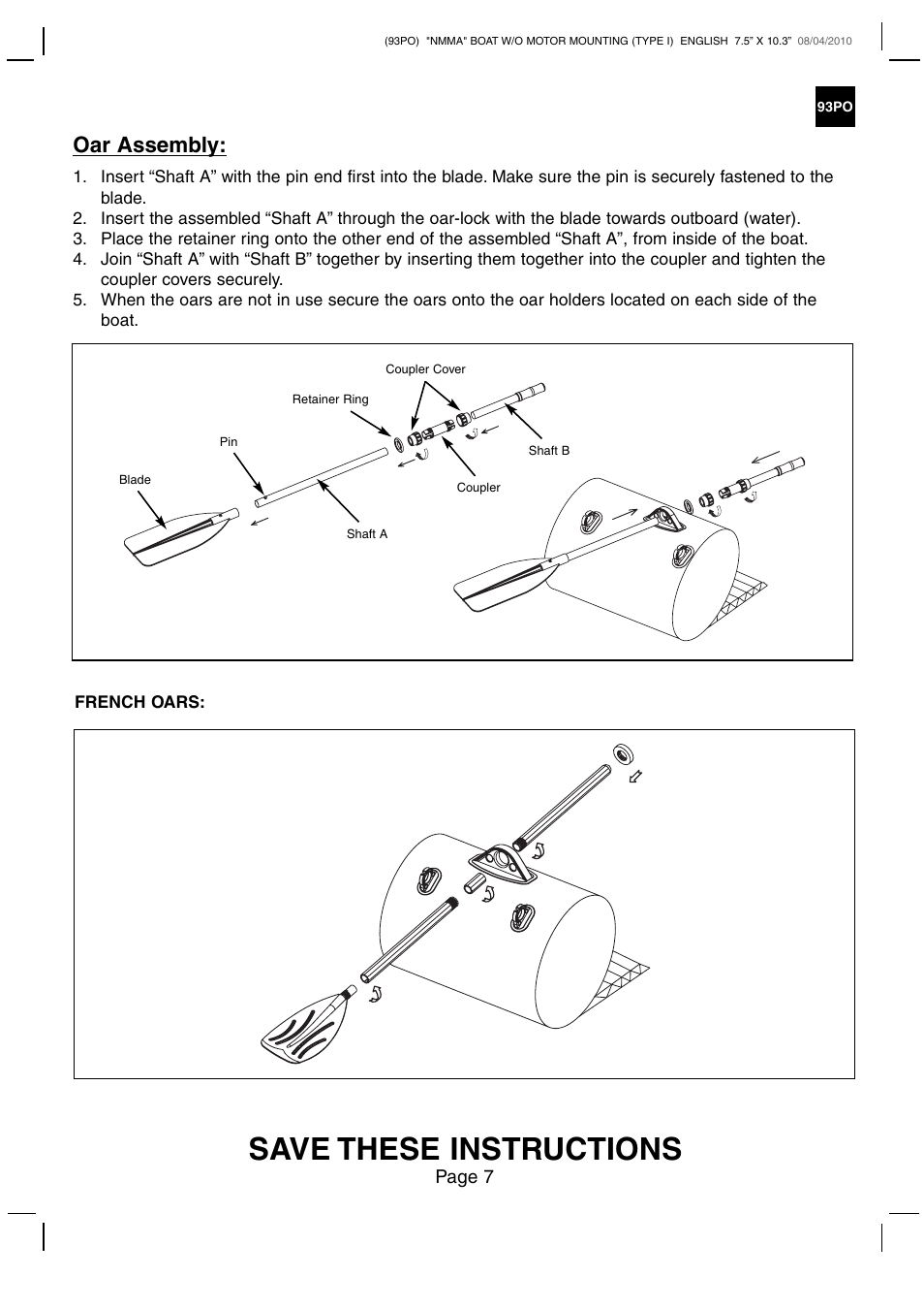 Save these instructions, Oar assembly | Intex CHALLENGER 2 BOAT SET 2011 User Manual | Page 7 / 11