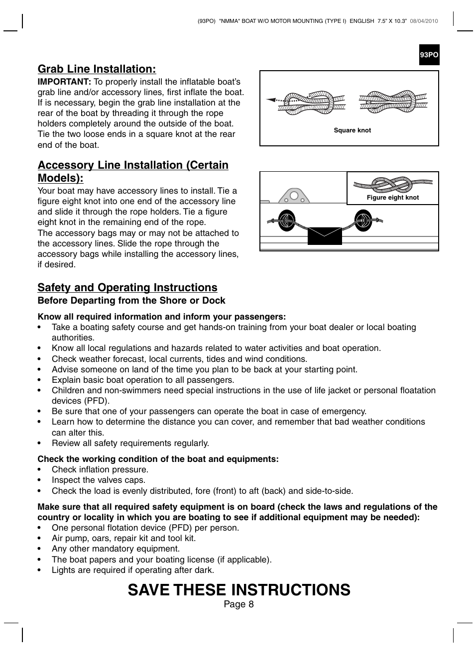 Save these instructions, Safety and operating instructions, Grab line installation | Accessory line installation (certain models) | Intex CHALLENGER 2 BOAT SET 2011 User Manual | Page 8 / 11