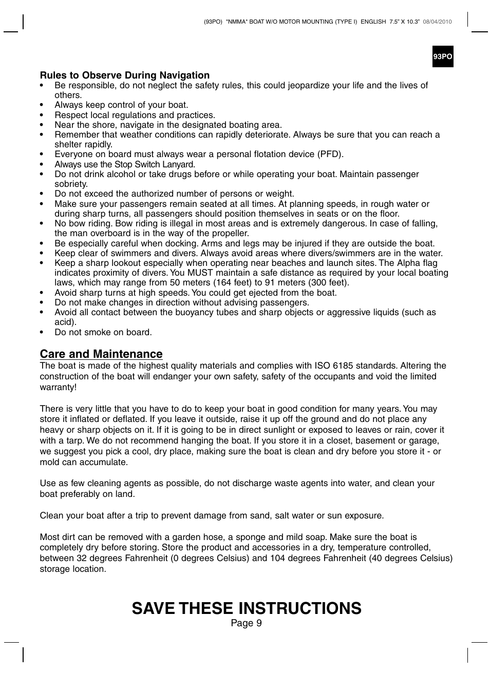 Save these instructions, Care and maintenance | Intex CHALLENGER 2 BOAT SET 2011 User Manual | Page 9 / 11