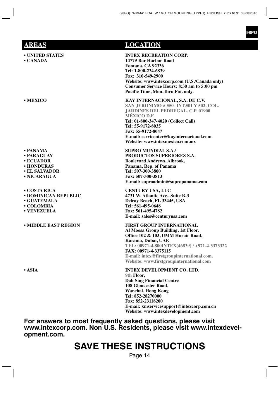 Save these instructions, Areas location | Intex CHALLENGER 3 BOAT 2011 User Manual | Page 14 / 14