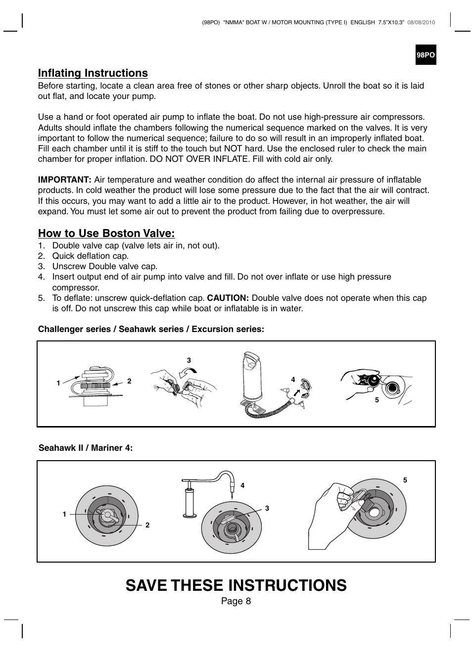 Save these instructions, Inflating instructions, How to use boston valve | Intex CHALLENGER 3 BOAT 2011 User Manual | Page 8 / 14