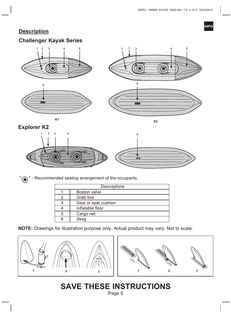 Save these instructions, Description challenger kayak series, Explorer k2 | Intex EXPLORER K2 KAYAK 2014 User Manual | Page 5 / 9