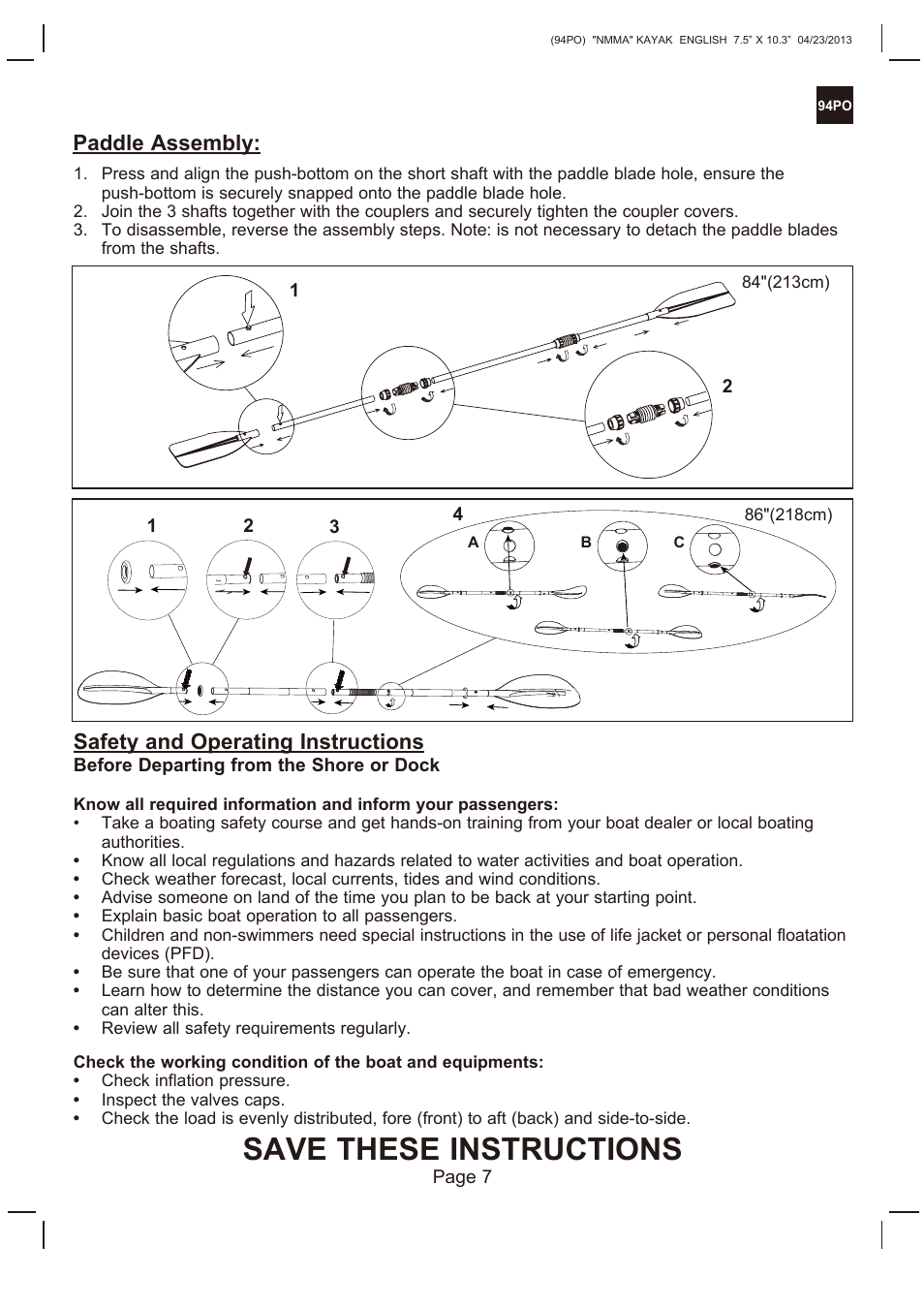 Save these instructions, Safety and operating instructions, Paddle assembly | Intex EXPLORER K2 KAYAK 2014 User Manual | Page 7 / 9