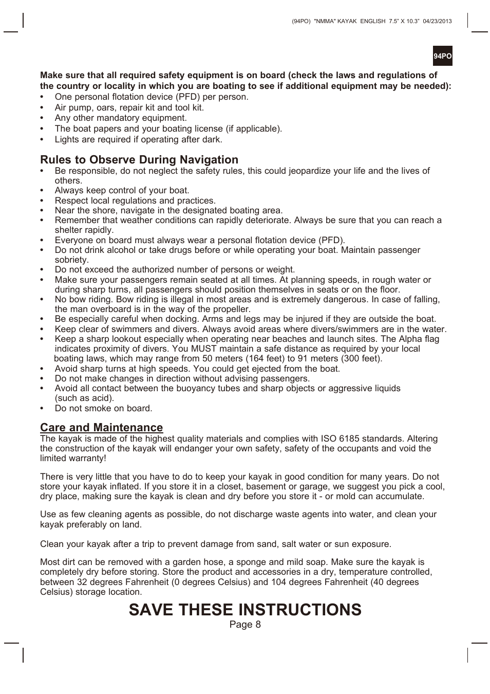 Save these instructions, Rules to observe during navigation, Care and maintenance | Intex EXPLORER K2 KAYAK 2014 User Manual | Page 8 / 9