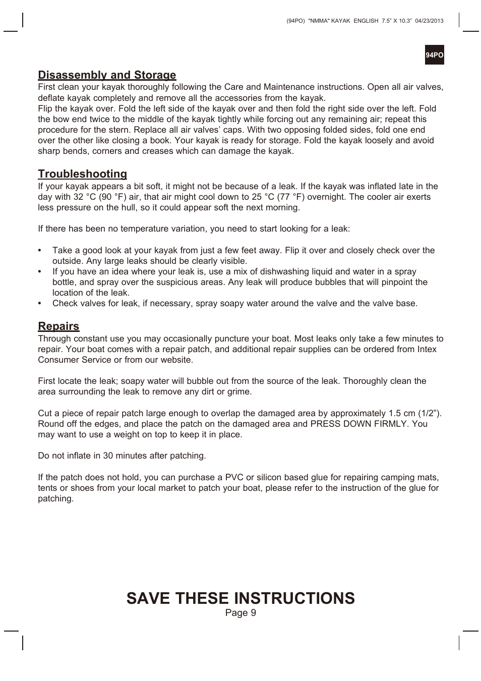 Save these instructions, Disassembly and storage, Troubleshooting | Repairs | Intex EXPLORER K2 KAYAK 2014 User Manual | Page 9 / 9