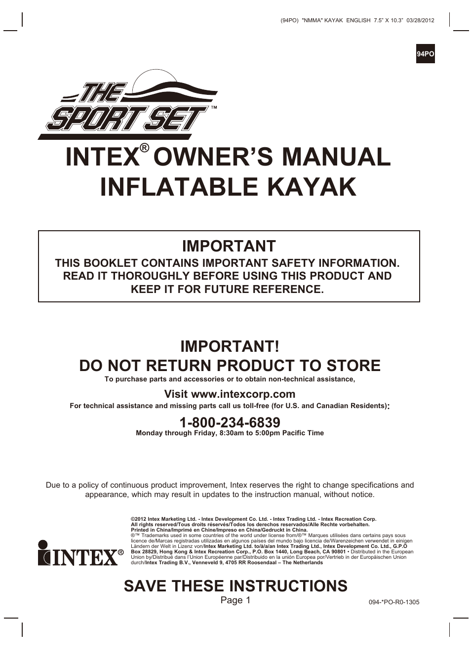 Intex EXPLORER K2 KAYAK 2013 User Manual | 9 pages