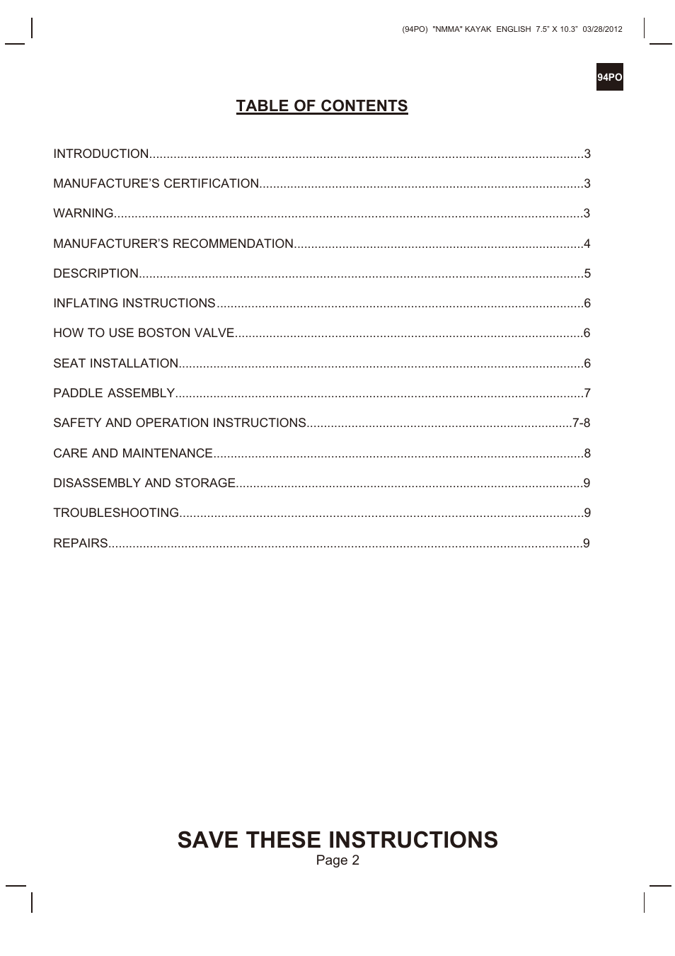 Intex EXPLORER K2 KAYAK 2013 User Manual | Page 2 / 9