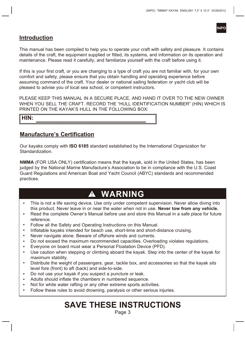 Save these instructions, Warning, Introduction | Manufacture’s certification | Intex EXPLORER K2 KAYAK 2013 User Manual | Page 3 / 9