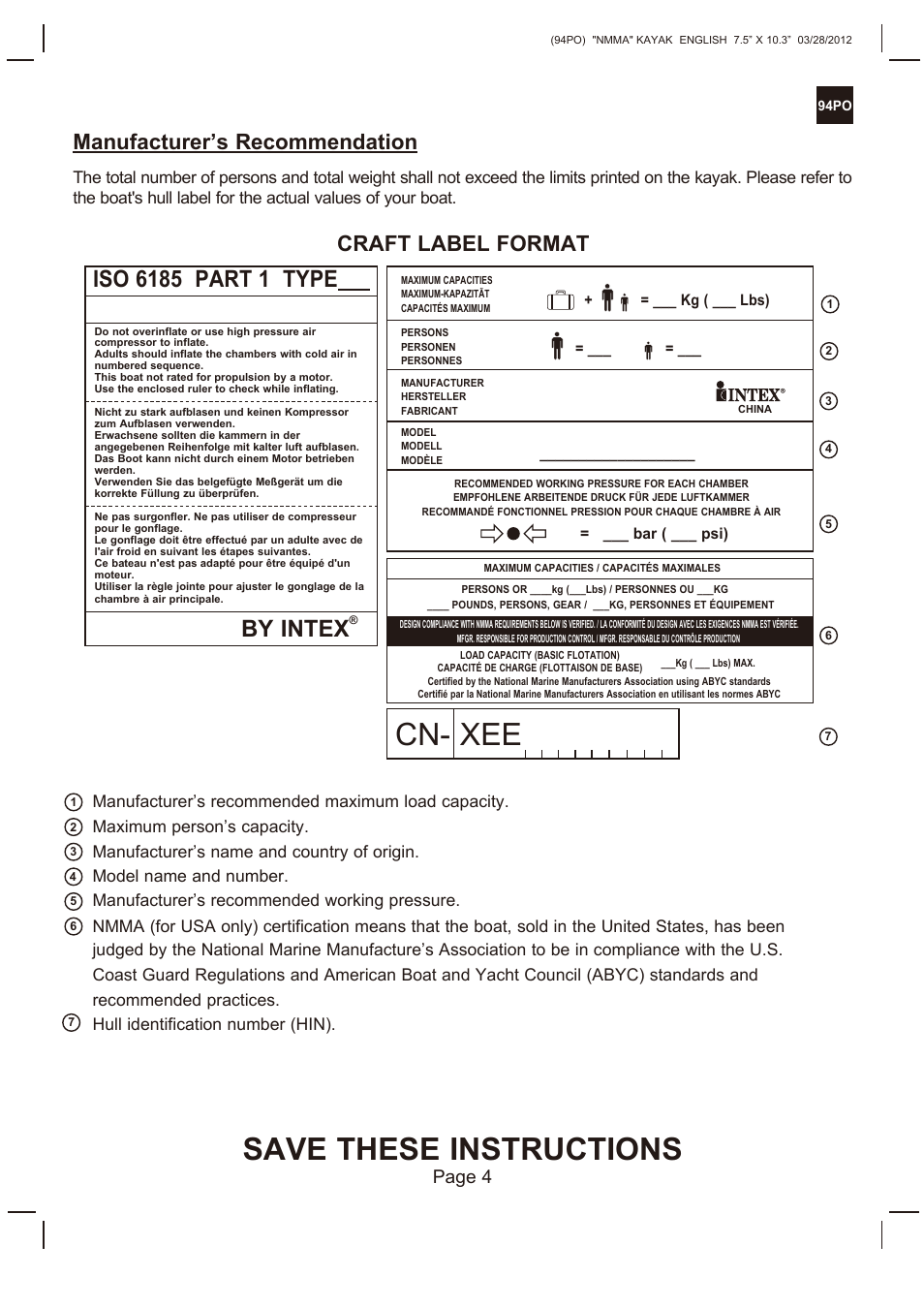 Save these instructions, Cn- xee, By intex | Manufacturer’s recommendation, Craft label format, Page 4 | Intex EXPLORER K2 KAYAK 2013 User Manual | Page 4 / 9