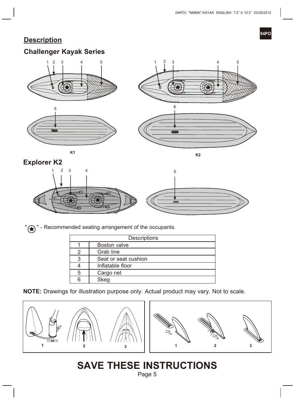 Save these instructions, Description challenger kayak series, Explorer k2 | Intex EXPLORER K2 KAYAK 2013 User Manual | Page 5 / 9
