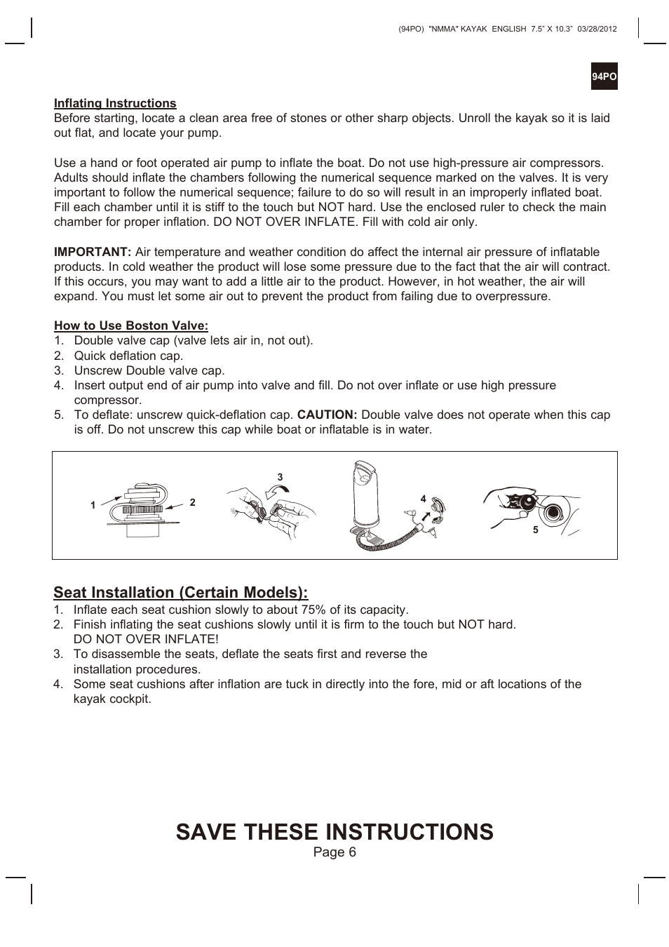 Save these instructions, Seat installation (certain models) | Intex EXPLORER K2 KAYAK 2013 User Manual | Page 6 / 9
