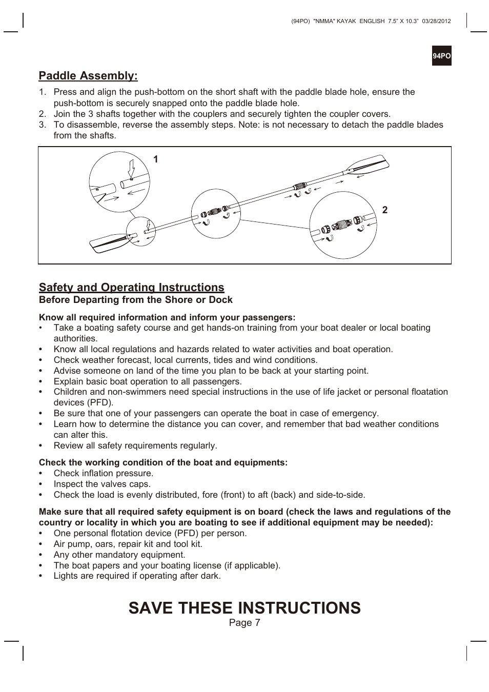 Save these instructions, Safety and operating instructions, Paddle assembly | Intex EXPLORER K2 KAYAK 2013 User Manual | Page 7 / 9