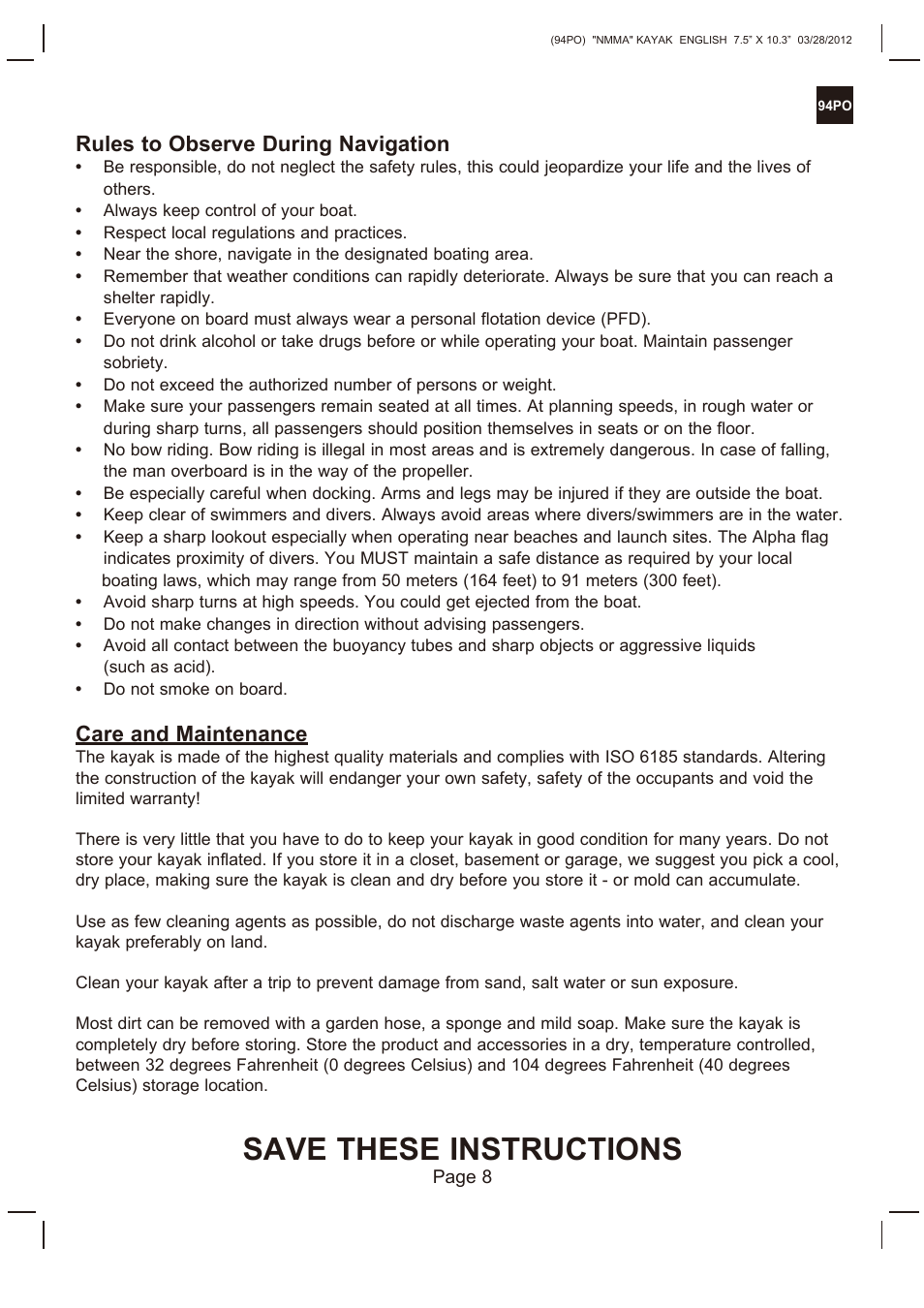 Save these instructions, Rules to observe during navigation, Care and maintenance | Intex EXPLORER K2 KAYAK 2013 User Manual | Page 8 / 9