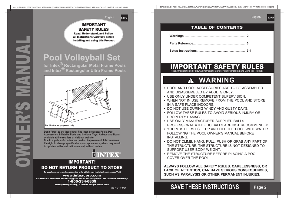 Intex Pool Volleyball Set for Rectangular Ultra Frame Pools User Manual | 2 pages