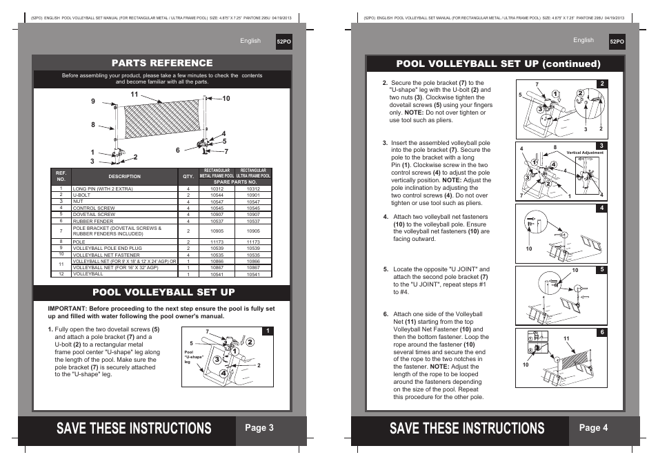 S ave these instructions, Page 4 page 3, Parts reference | Pool volleyball set up, Pool volleyball set up (continued) | Intex Pool Volleyball Set for Rectangular Ultra Frame Pools User Manual | Page 2 / 2