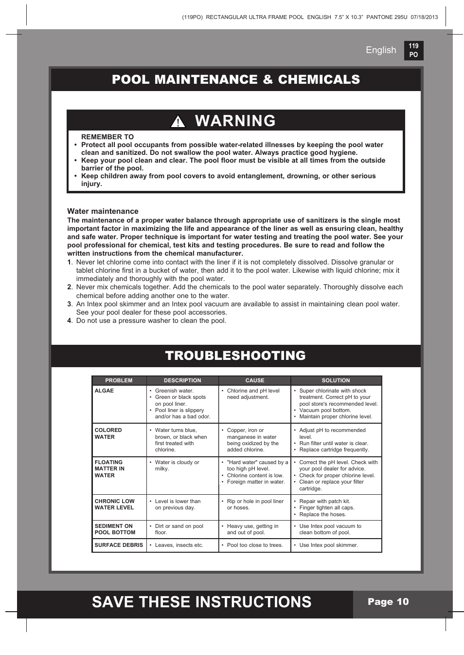 Save these instructions, Warning, Troubleshooting pool maintenance & chemicals | English page 10 | Intex 32FT X 16FT X 52IN RECTANGULAR POOL SET 2014 User Manual | Page 10 / 14