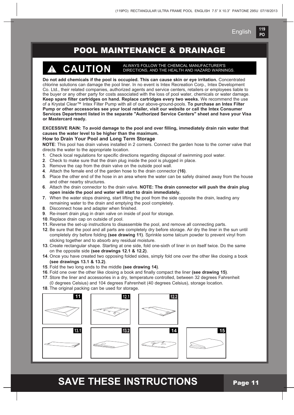 Save these instructions, Caution, Pool maintenance & drainage | English page 11 | Intex 32FT X 16FT X 52IN RECTANGULAR POOL SET 2014 User Manual | Page 11 / 14