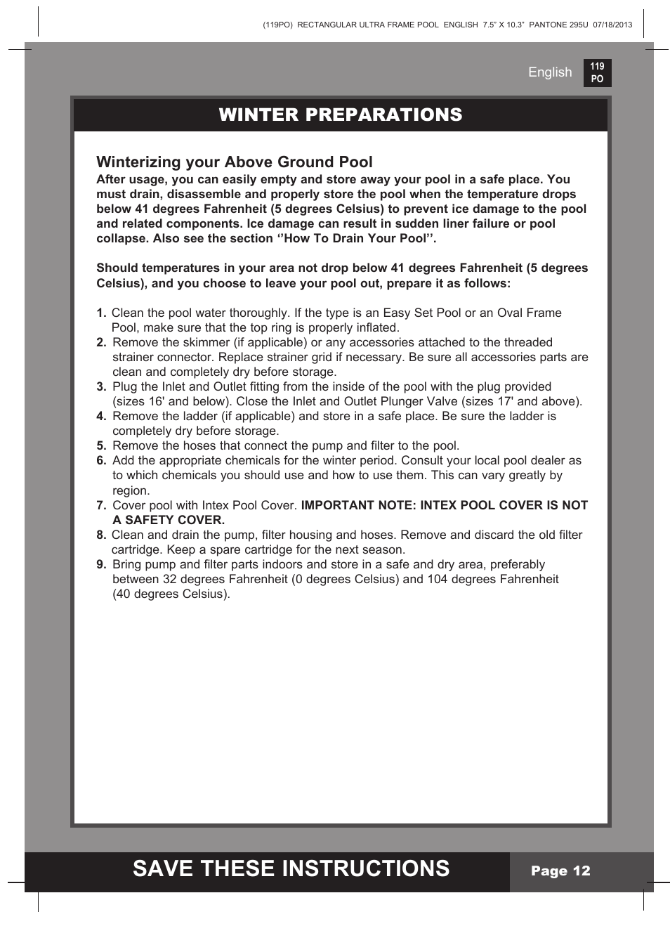 Save these instructions, Winter preparations, Winterizing your above ground pool | Intex 32FT X 16FT X 52IN RECTANGULAR POOL SET 2014 User Manual | Page 12 / 14