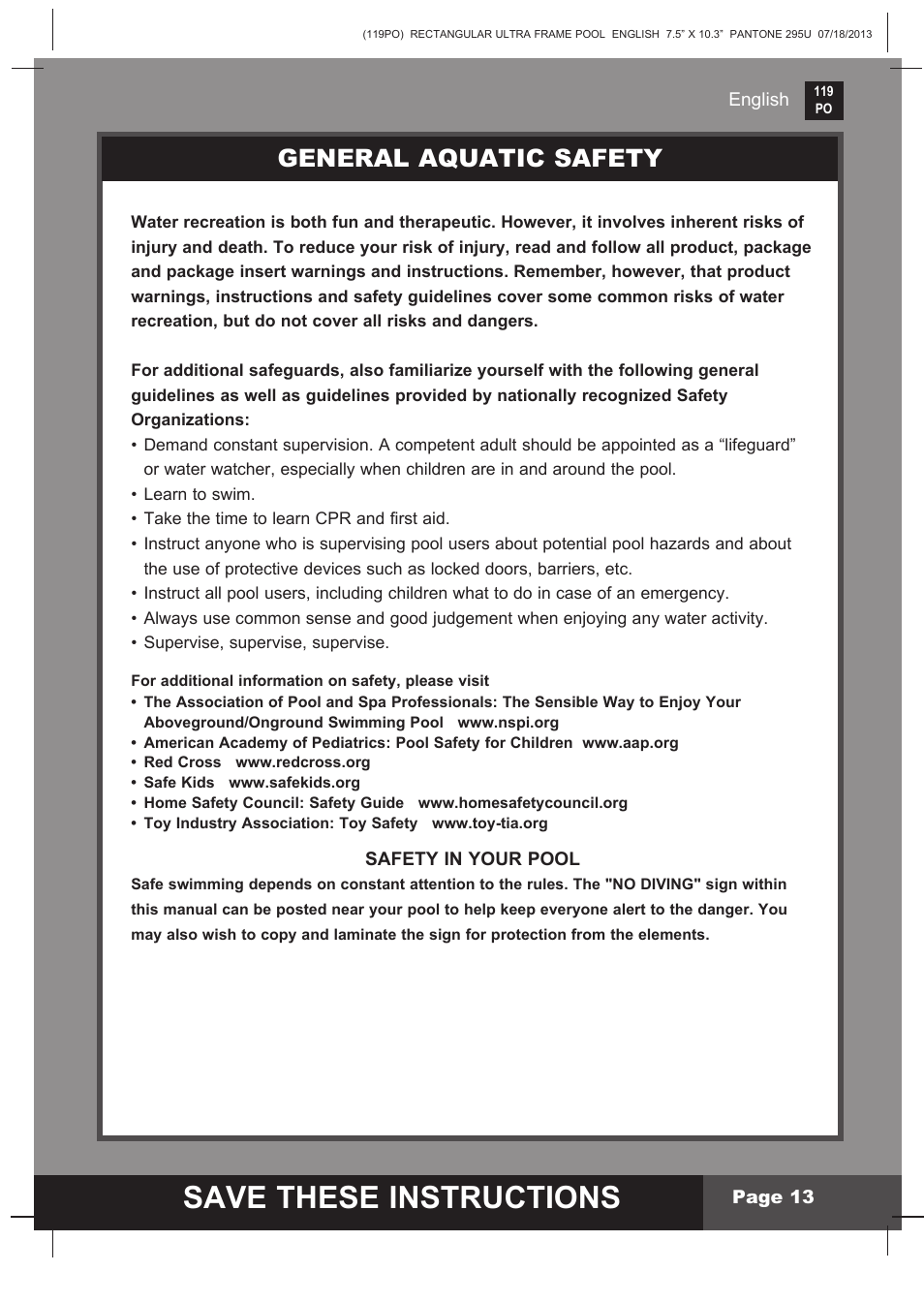 Save these instructions, General aquatic safety | Intex 32FT X 16FT X 52IN RECTANGULAR POOL SET 2014 User Manual | Page 13 / 14